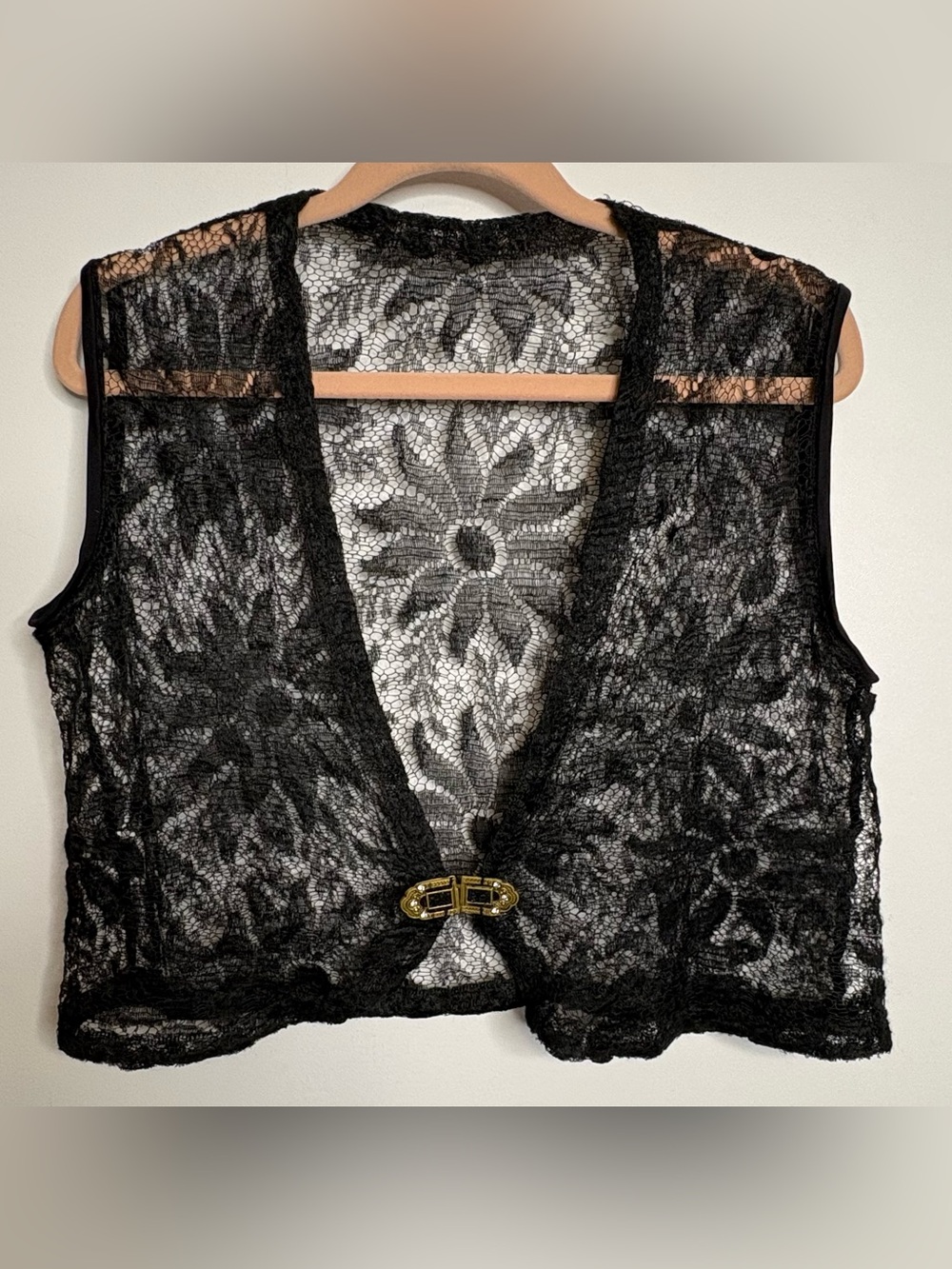 Vintage Black Lace Cropped Vest with Gold Clasp